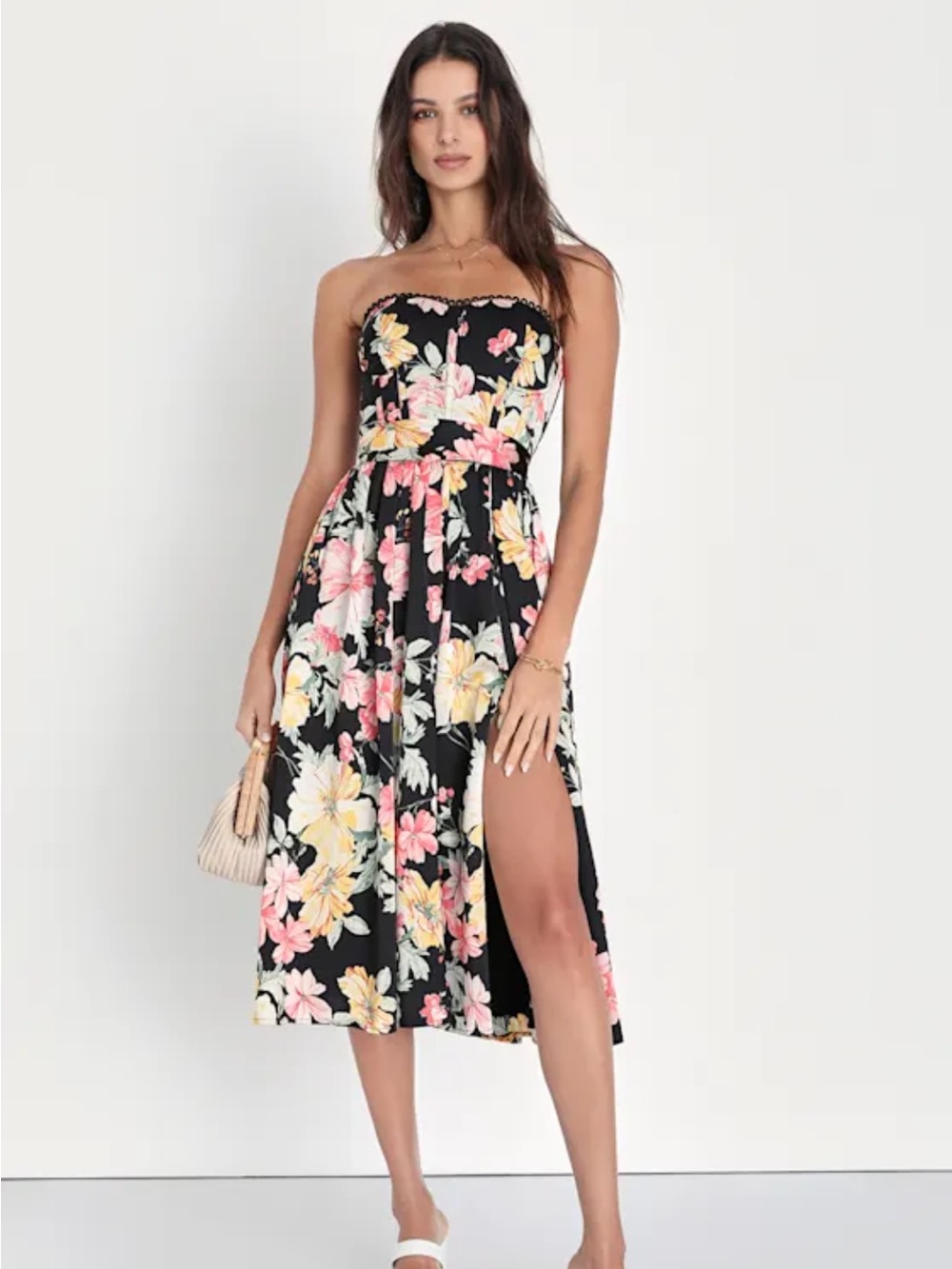 Lulu's Black Strapless Floral Dress size medium